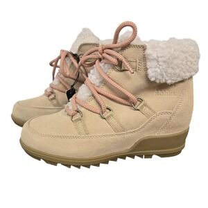 Sorel Evie Womens Wedge Boot Ceramic Paradox Pink Tan Beige Faux Fur Size 7 NWOB